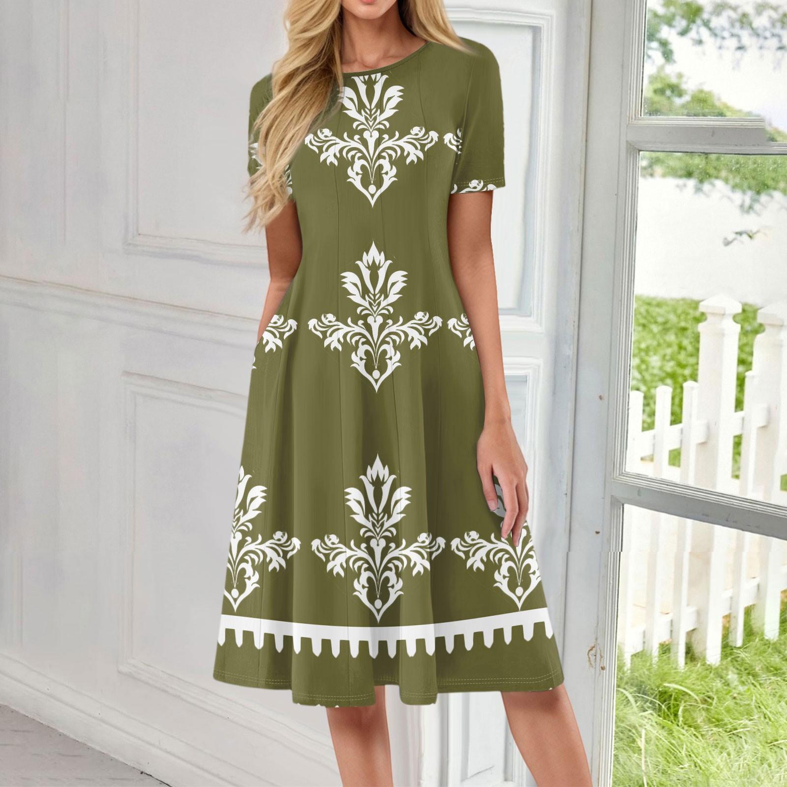 

Женское модное платье-пуловер с круглым вырезом и принтом, свободным коротким рукавом и карманом L армия зеленый