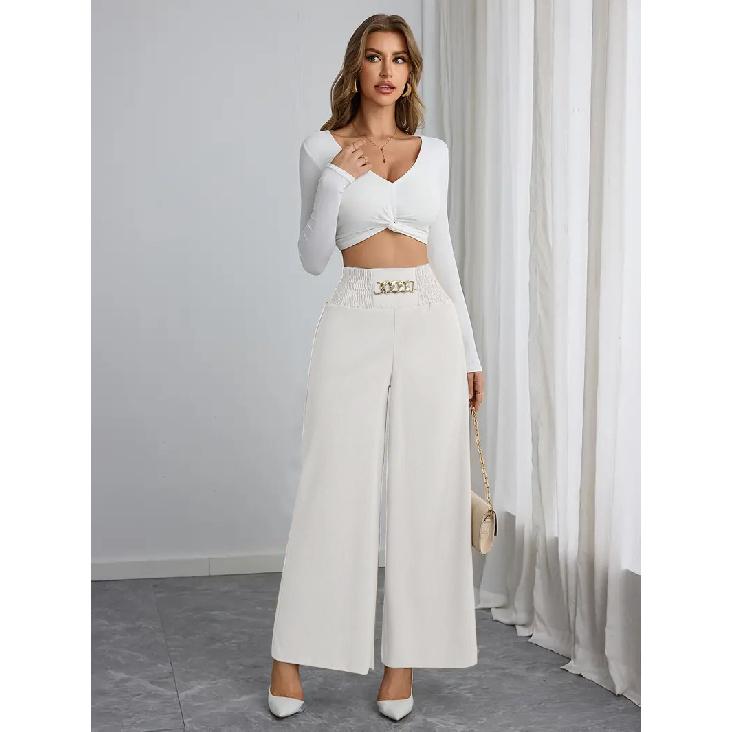 Women's new high waisted slimming style commuting solid color chain spring and autumn wide leg pants
