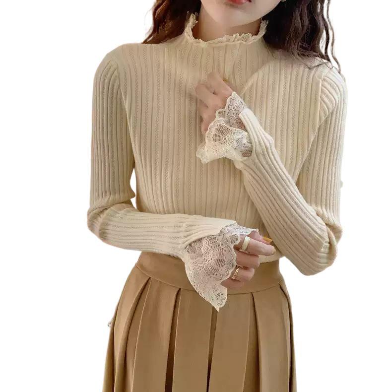 Lace Trim Semi-High Neck Slim Fit Women's Sweater - Apricot Knit Long Sleeve Top