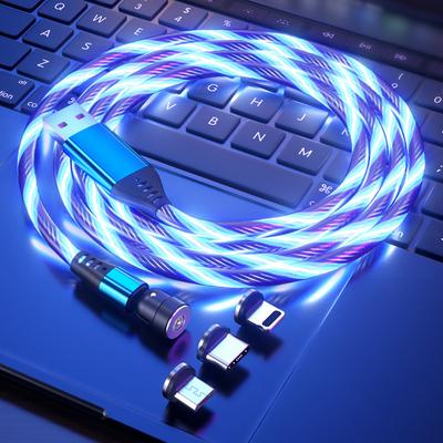 3 In 1 540 Degree Rotating Magnetic Charging Cable with Flowing Light 1m Elbow Gaming Cable for Apple/Android/Type-C