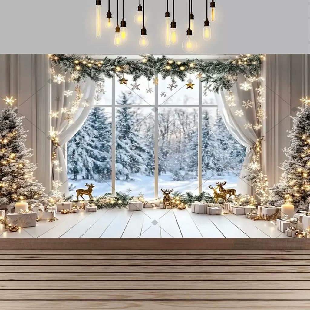 Christmas Red Curtain Decoration Backdrop Winter Snow Scenery Fireplace Santa Claus Photography Backdrop Holiday Party Supplies