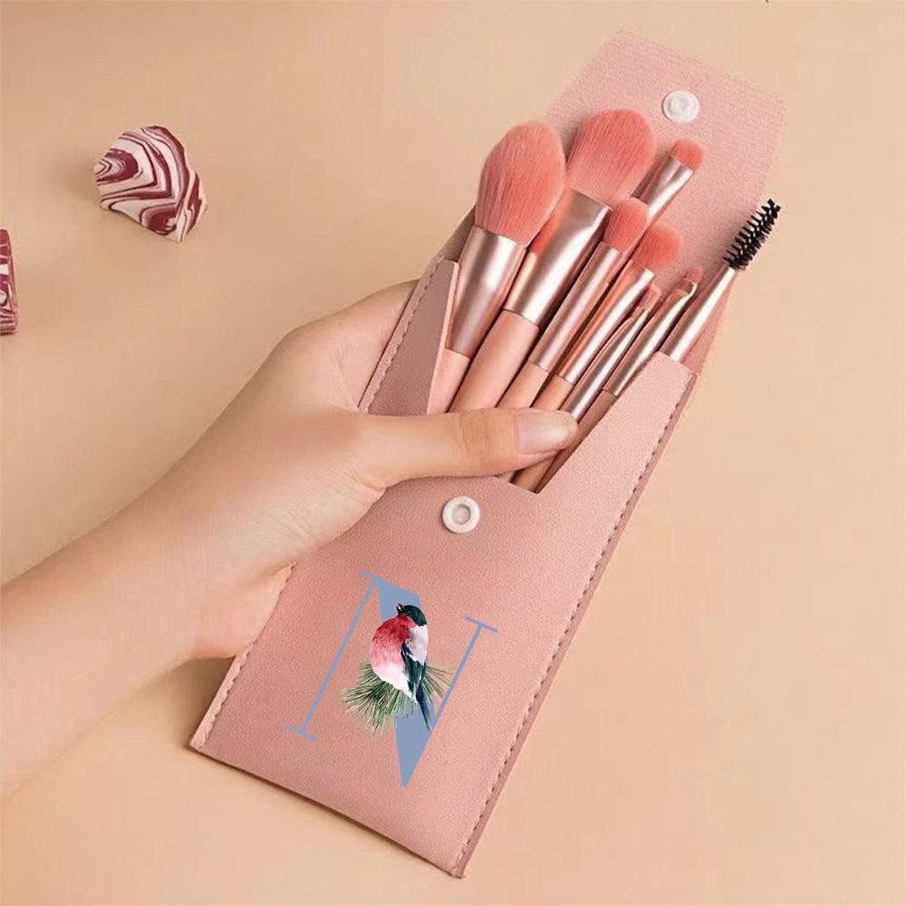 8pcs Pink Professional Makeup Brushes Set Soft Synthetic Bristles For Foundation, Blush With Travel Case Blue Pattern