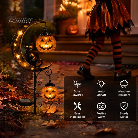 Waterproof Solar Stakes for Flower Beds Halloween Garden Stake Light, Black Cat Pumpkin on Crescent Moon with Weather Resistant Fall Ornaments Hanging