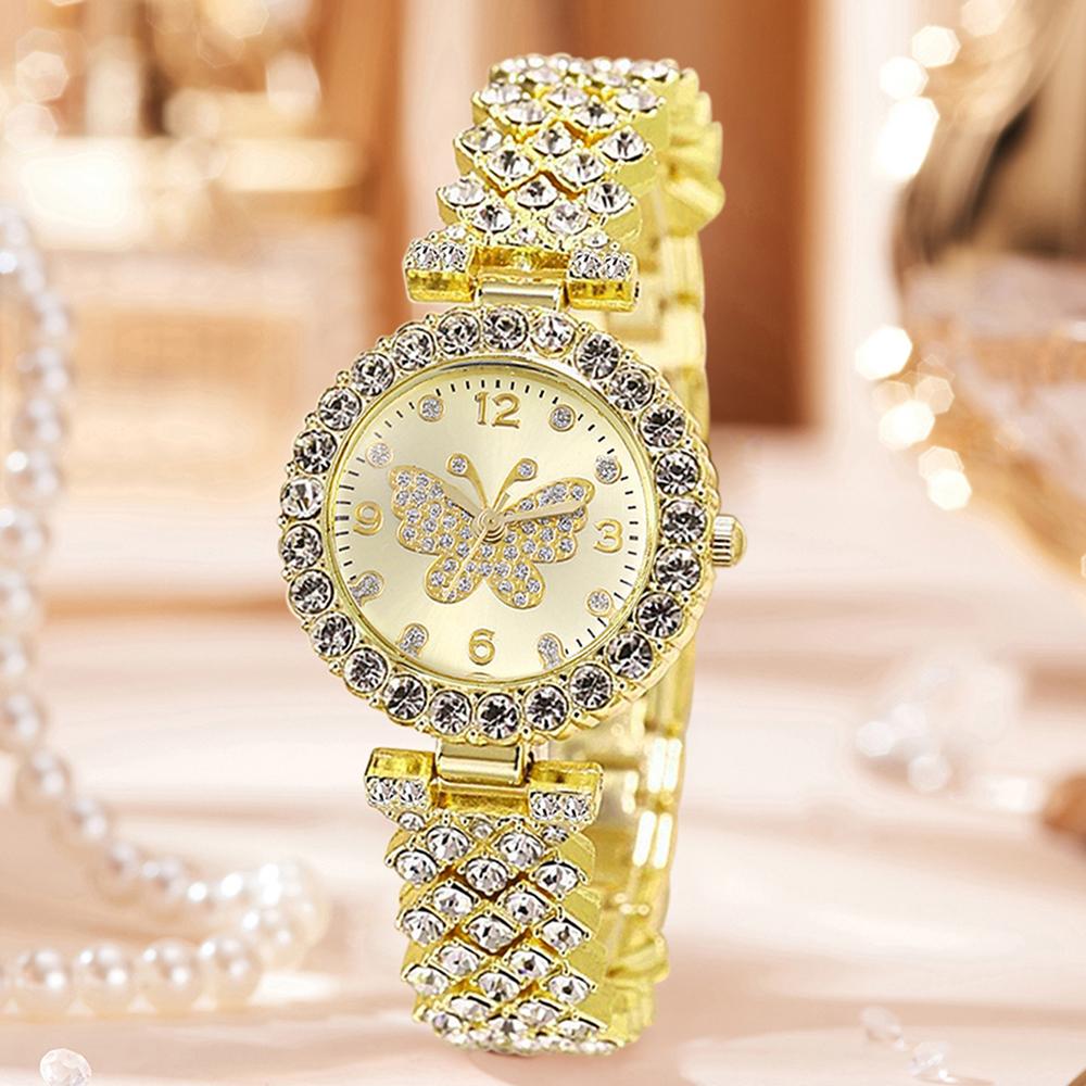 5PCS Golden Ladies' Watch Set Luxury Trendy Butterfly Element Dial Quartz Watch Bracelet Set Perfect Holiday Gift