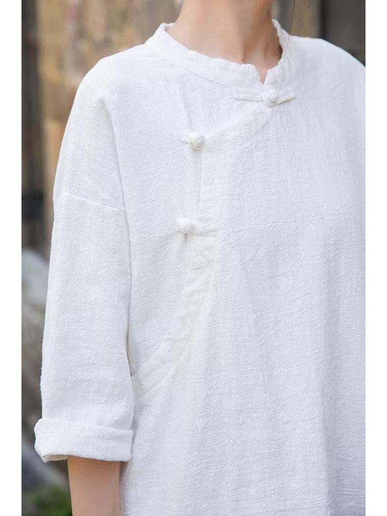 Vintage-Inspired Cotton Linen Qipao: Frog Button Women's Long Shirt