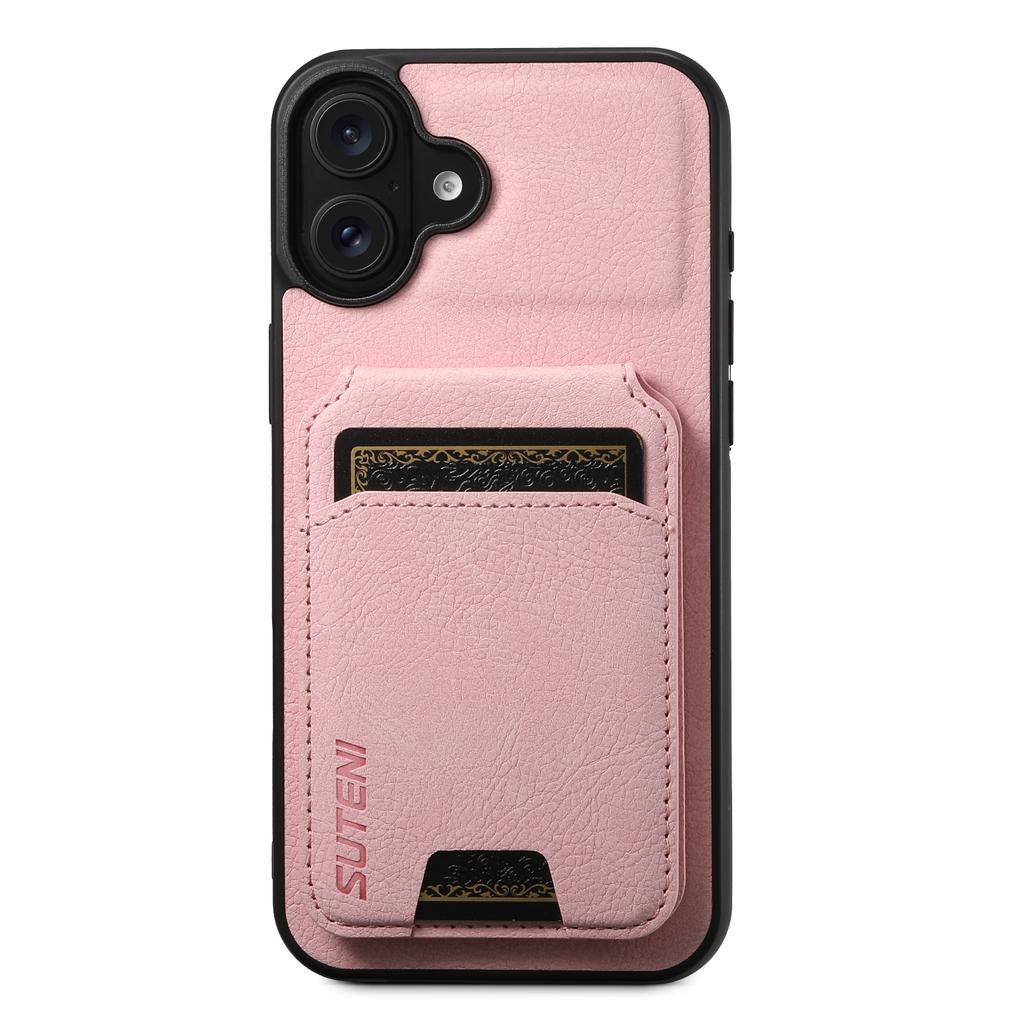 SUTENI H02 For iPhone 16 Case Card Slots Kickstand Litchi Texture Leather+TPU Cover