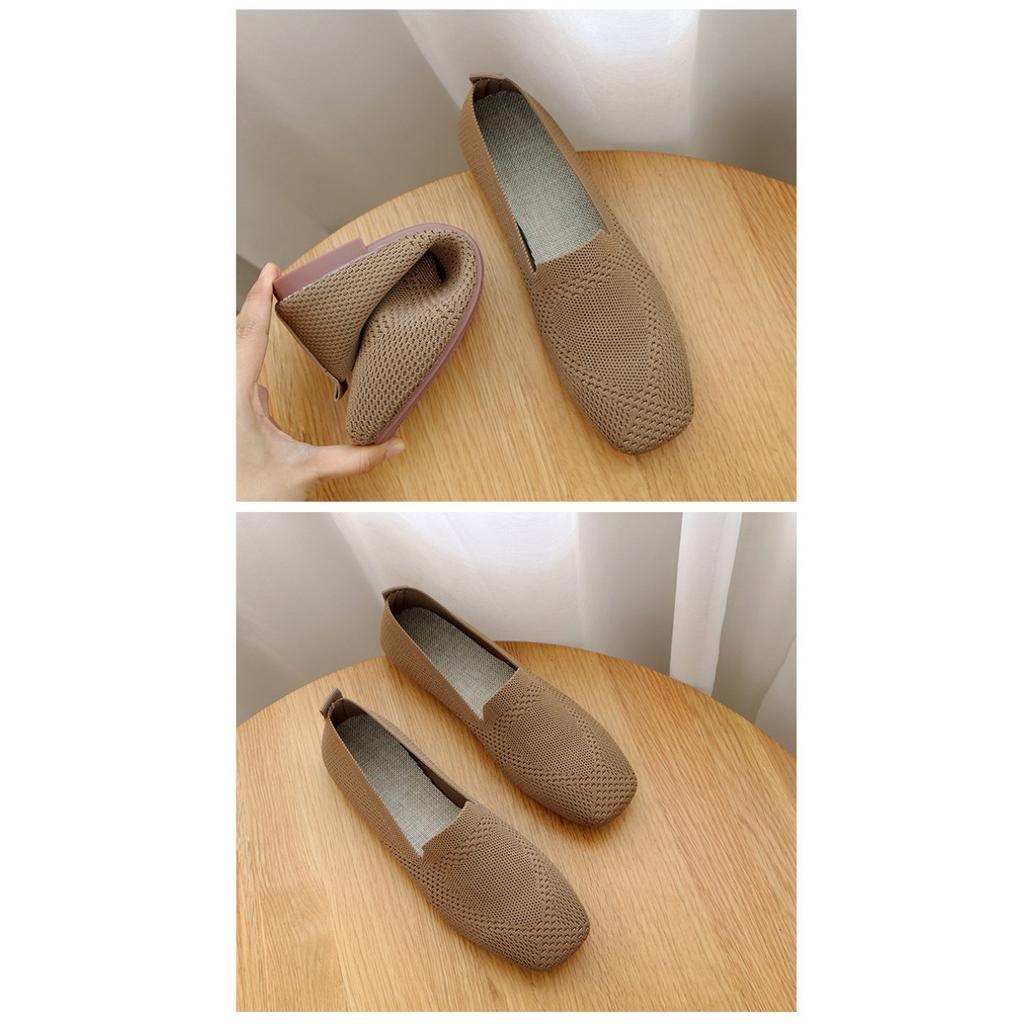 Lielas austas viengabala kurpes sievietēm, lidojošas austas plakanas pamatnes kvadrātveida purngalu auduma kurpes, adītas mīkstas zoles kurpes