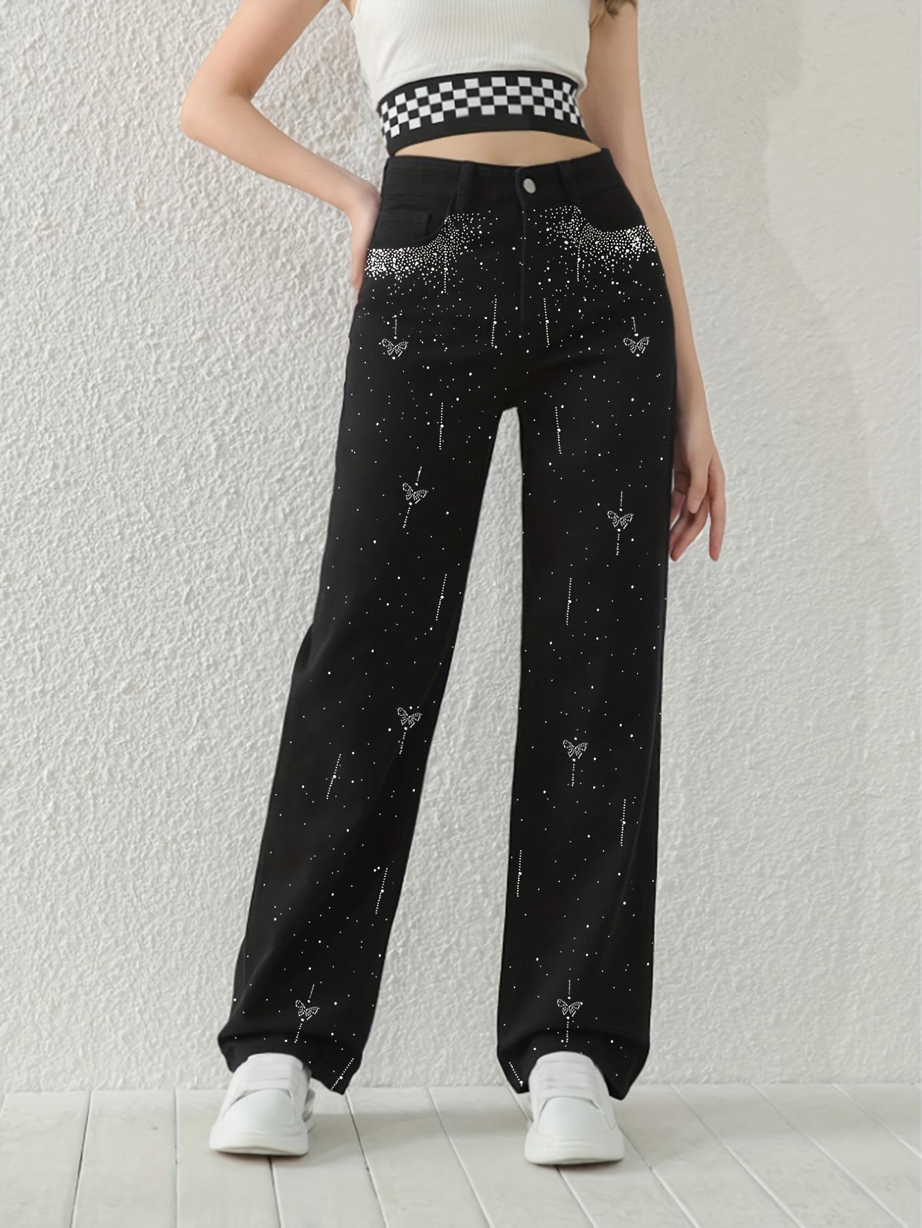 

Женские джинсы прямого кроя со стразами и дизайном в виде бабочки: Стильный и удобный Extra Large чёрный