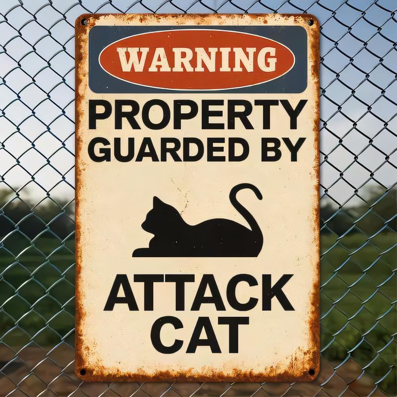 Tin Sign Warning Property Guarded By Attack Cat Funny Cat Wall Decor Rustic Metal Poster Plaque for Home Kitchen Garage Bar Man