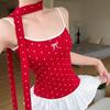 Damen Rotes Polka Dot Ballett-Stil Schleifen-Camisole mit Rüschenbandbesatz