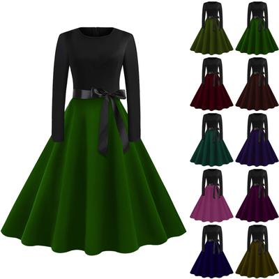 Solid Color Flare Dress For Women Casual Long Sleeve Round Neck Vintage Dress