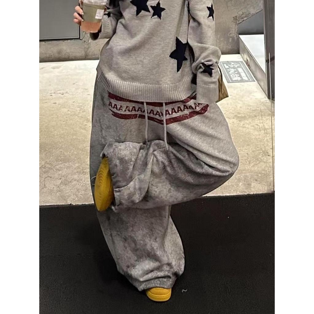 FlowStreet Y2K College American Hip-hop Goth Print Drawstring Wide Leg Sweatpants Loose 90s High Street Sports Trousers Floor Length Pants