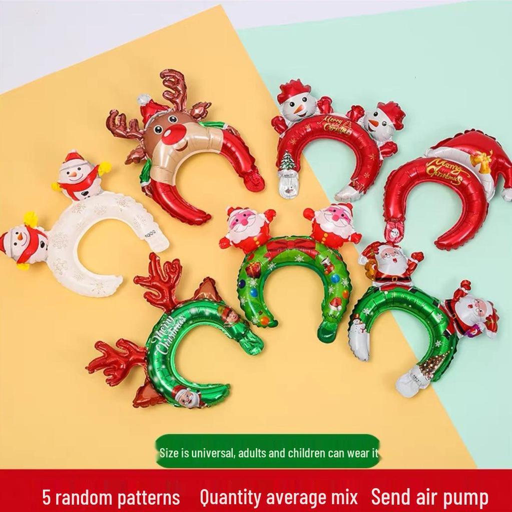 Santa Claus Christmas Decoration Balloons with Sticks and Small Gift Headbands for Kindergarten and Mall Scenes