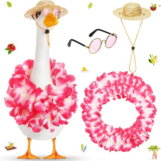 Hawaiian Porch Goose Outfits Summer Lawn Goose Costume Straw Hat And Hawaiian Lei Sunglasses Set for 23/17'' Lawn Patio Goose Statue