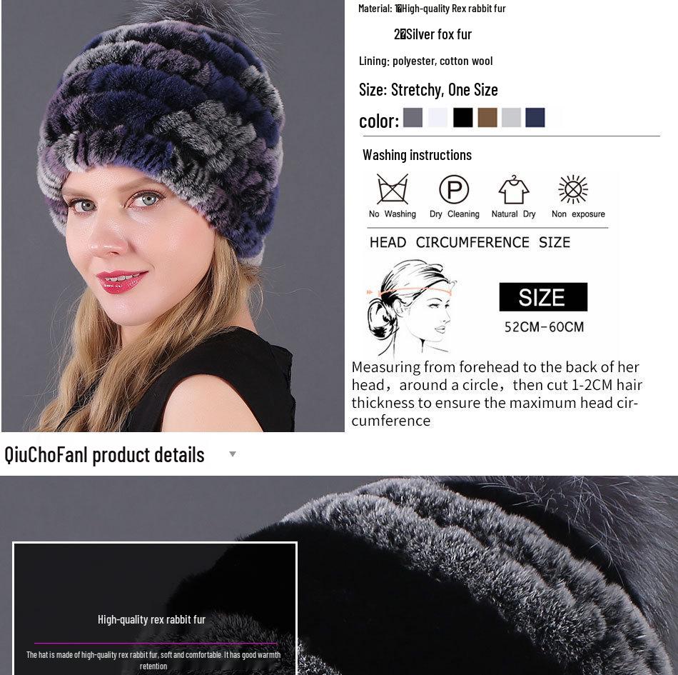 Women's Fur Hat with Rex Rabbit and Fox Fur Pompon for Autumn and Winter