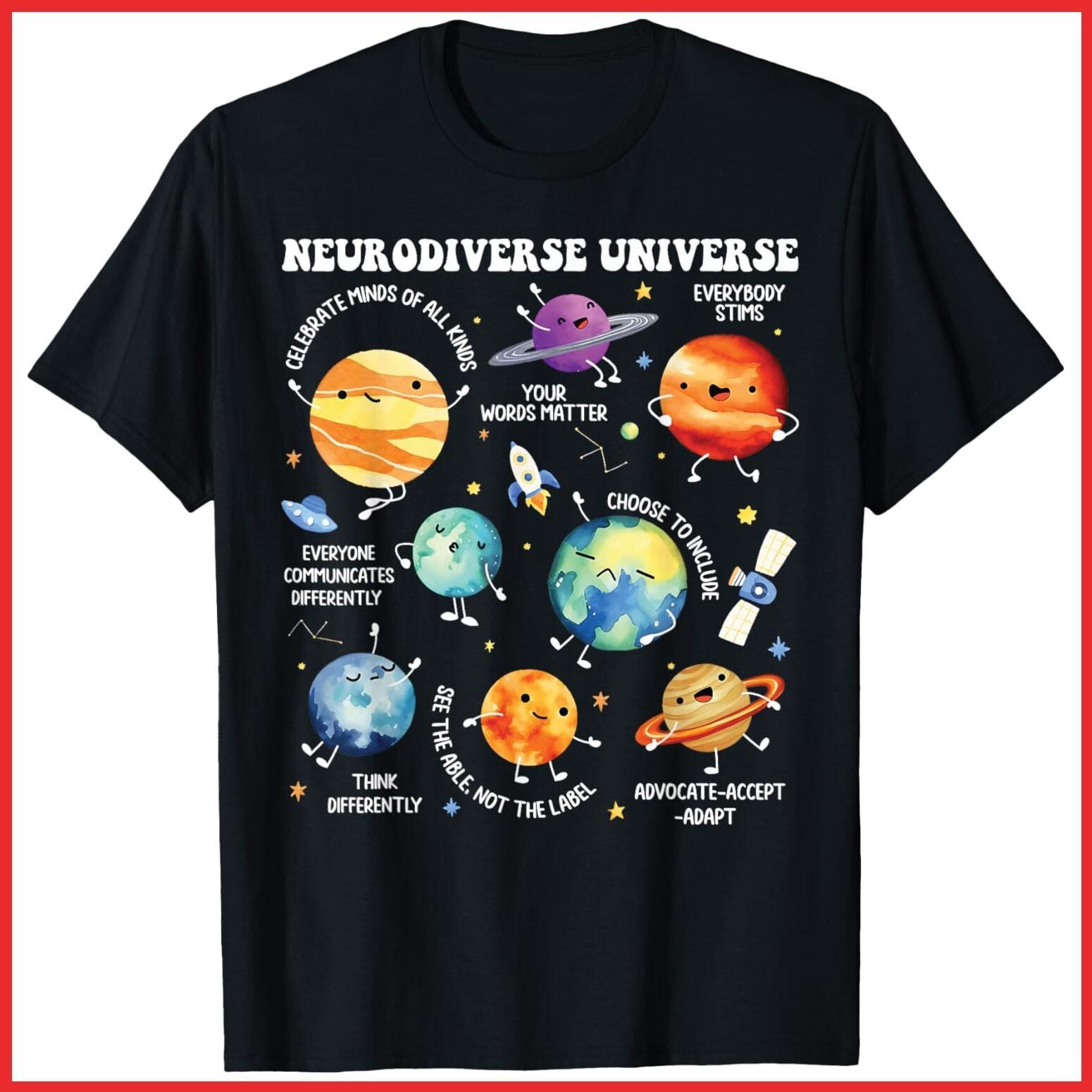 Neurodiverse Universe Neurodiversity Autism Awareness Black Cotton T-Shirt S-5XL L