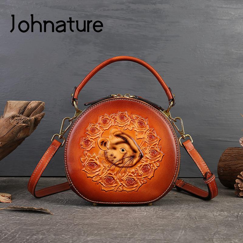 

Johnature круглая сумка ручной работы с тиснением из натуральной кожи, женская сумка, винтажные сумки на плечо из воловьей кожи с животным узором