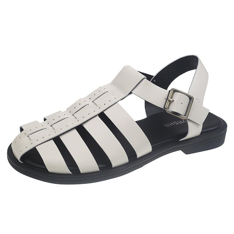 

French retro woven Roman sandals women s 2025 new hollow versatile flat-bottomed beach vacation sandals 35 бежевый