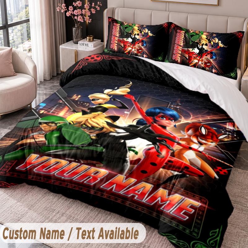 Custom Name Text 3Pcs Bedding Set Miraculous Ladybug Duvet Cover And Two Pillowcases