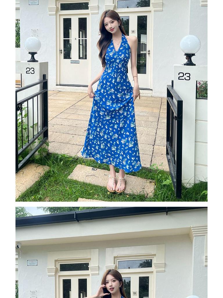 French Blue Floral Halter Maxi Dress for Women - Summer 2026 Petite Elegant Cinched-Waist Long Dress