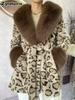Women's Leopard Print Faux Fur Coat with Wide Collar and Slim Fit for Winter Formal Wear