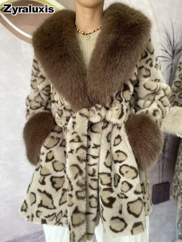 Women's Leopard Print Faux Fur Coat with Wide Collar and Slim Fit for Winter Formal Wear