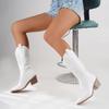 White Large Size Mid-Calf Boots Pointed Toe Square Heel Women Shoes Embroidery Cowgirl Knight Boots Vintage Black High Heels