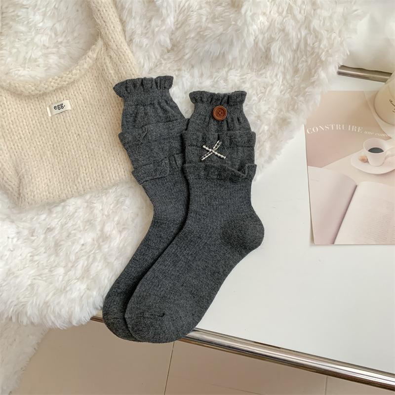 

1 Pair Japanese Balletcore Socks with Bow Buttons Thermal False Stackable Socks with Ruffle Top Kawaii Aesthetic Winter Socks One Size