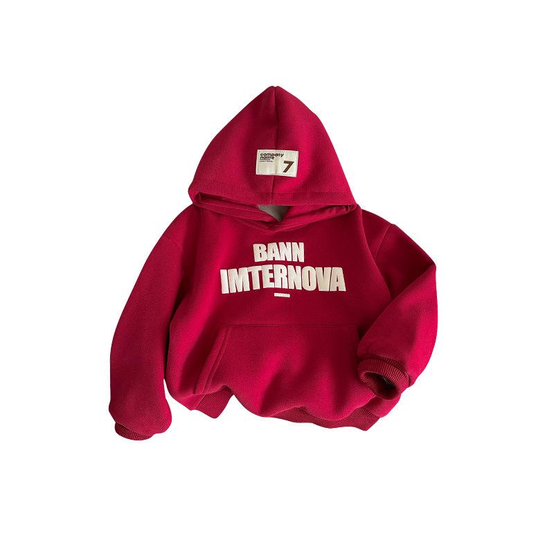 2025 Autumn/Winter Boys' Fleece-Lined Hoodie - Children's Red Festive Sweatshirt Fashion Trend 