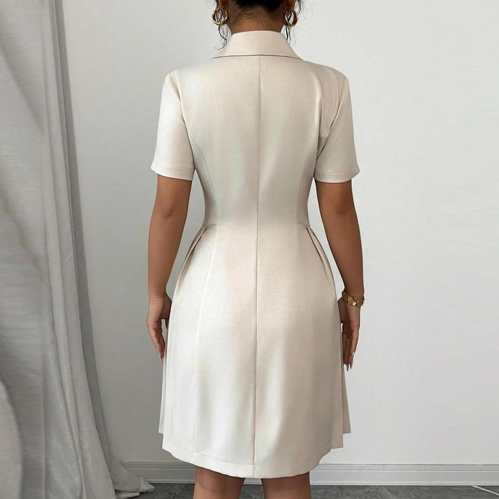 Ladies V-neck Fashion Color Double-breasted Waist Short Sleeve Dress