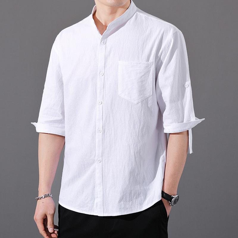Men's Summer Plus-Size Linen Short-Sleeve Shirt: Cotton-Linen Blend, Loose Fit, 3/4-Sleeve, Lightweight Casual Top