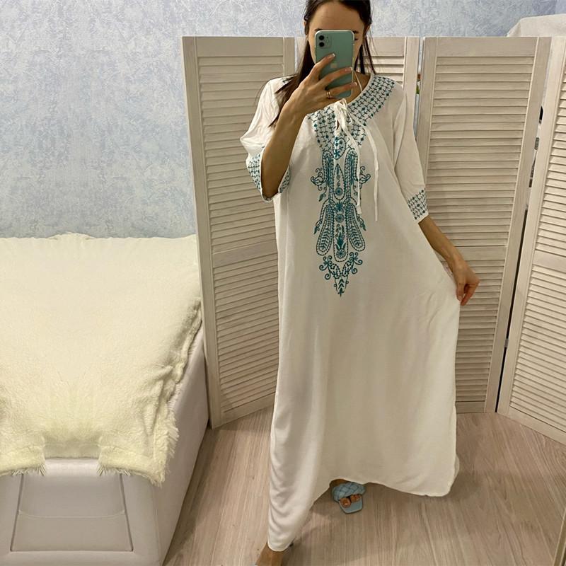 Embroidery Kaftan Beach Tunic Cotton Beach Cover Up Saida De Praia Swimsuit Women Bikini Cover Up