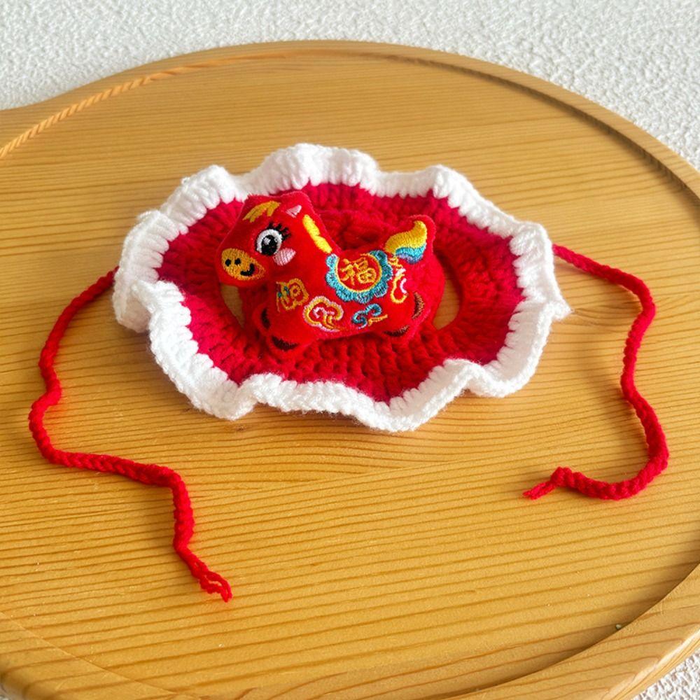 Cartoon Chinese Style Pet Scarf Red Adjustable New Year Cat Headwear Comfortable Zodiac Horse Design Puppy Knitted Scarf