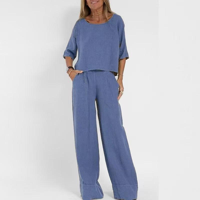 YYFS Women's Fashion Casual Summer Spring Solid Color Print 1/2 Sleeves O-Neck Trousers Pants Suits