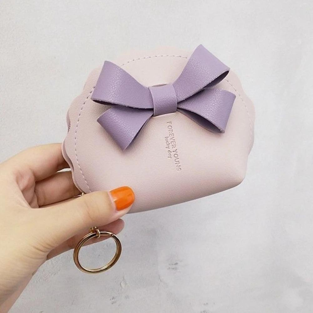 New College Style Bow PU Leather Keychain Mini Wallet Multifunctional Portable Lipstick Coin Storage Bag Zipper Coin Purse