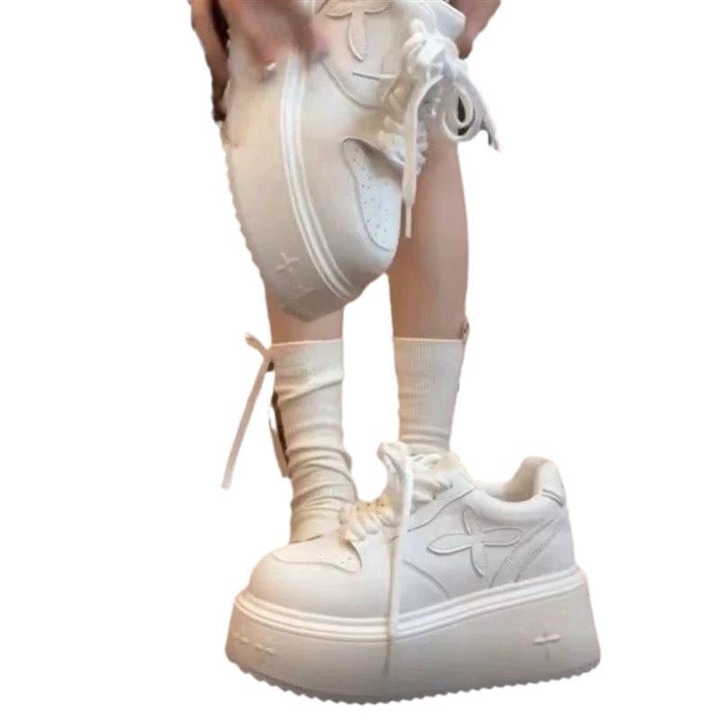 New Leather White Shoes Women's Shorty Le Cross Flower Thick-soled Versatile Casual Board Shoes Round Head