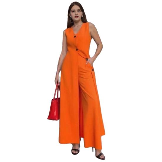 

2Pcs/Set Women Outfit V-Neck Sleeveless Buttons Placket Long Tops High Waist Wide Leg L оранжевый