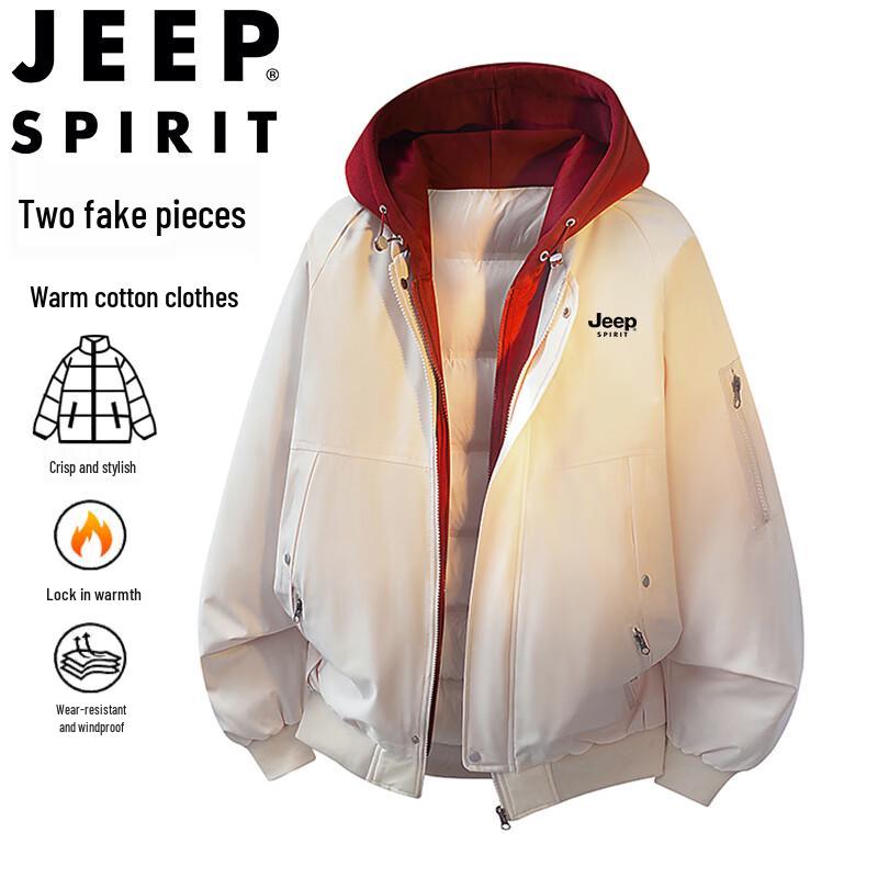 

JEEP SPIRIT Men s Hooded Faux Two-Piece Loose Padded Jacket M