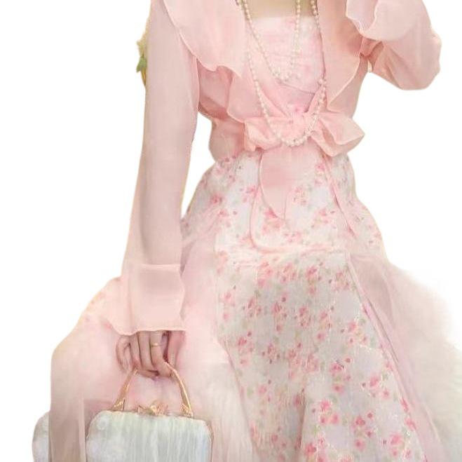 2026 Summer French Floral Lace Mesh Sling Dress - Beautiful Long Two-Piece Set