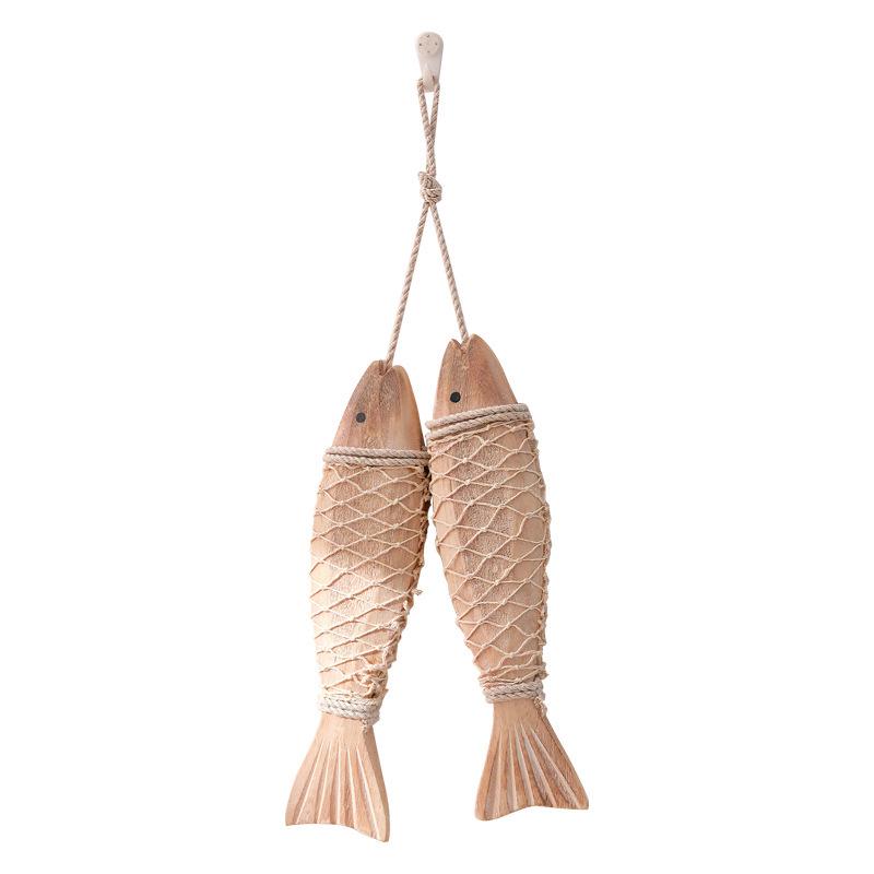 Mediterranean Hand-Carved Wooden Fish with Net Wall Hanging Ornament