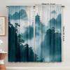 2pcs Tranquil Mountain & Pagoda Print Curtains - 16K Ultra HD   Misty Forest Design with Foggy Peaks   Semi-Transparent Polyester