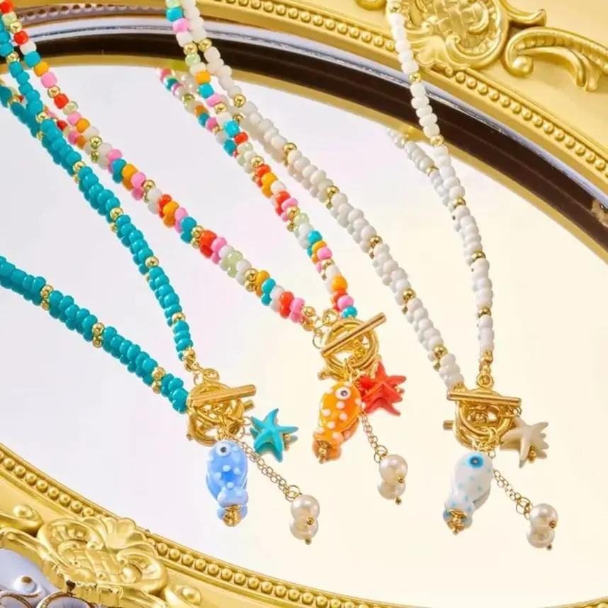 Charm Ocean OT Buckle Bohemia Starfish Pendant Necklace for Women Handmade Rice Beads Ceramic Fish Choker Girls Party