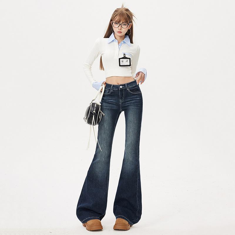 American style non-stick legs retro low-rise Spice Girl flared pants autumn and winter versatile ins slim and thin elastic jeans women