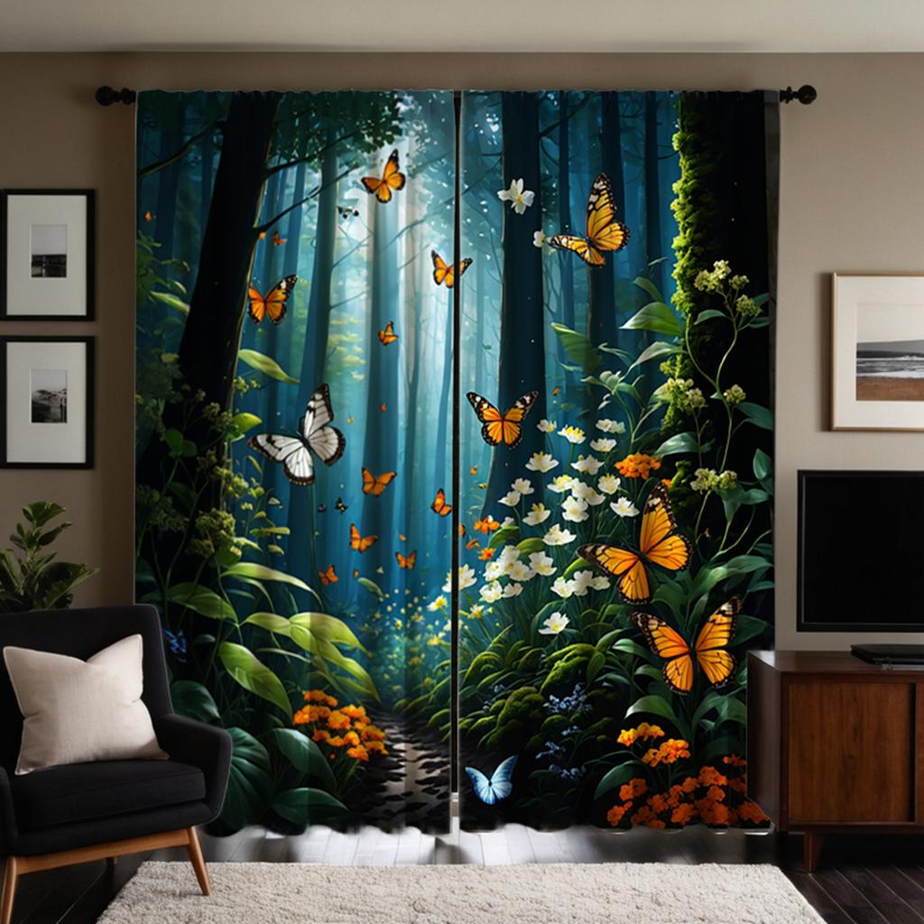 2-piece HD Digital Blue Curtain with Deep Forest View Home Decoration Style Decorate Living Room Bedroom Wear Rod Curtain Effect