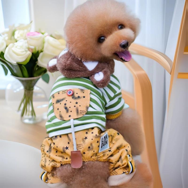 Autumn and winter teddy pet warm thickened fleece four-legged cotton coat dog clothes with hat four-legged ji pet winter S