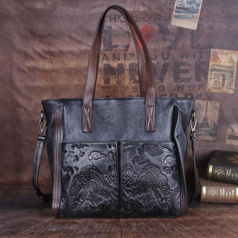 Retro Genuine Leather Female Bag Large Capacity Casual Tote Handmade Embossed Women Handbag Shoulder Bags