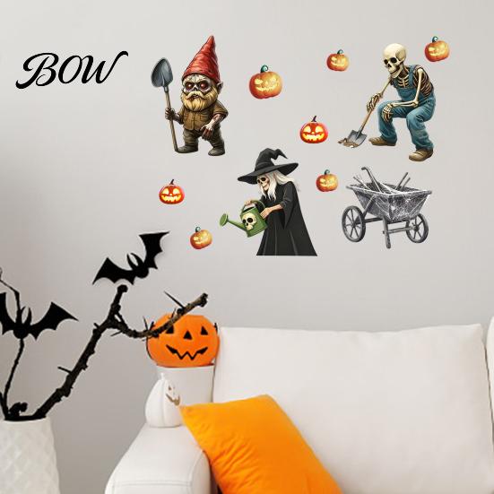 Spooky Farmhouse Party Decor Halloween Wall Sticker, Pumpkin Witch Skeleton Printed, Self-adhesive Waterproof Autumn Harvest Stickers PVC Decals, for