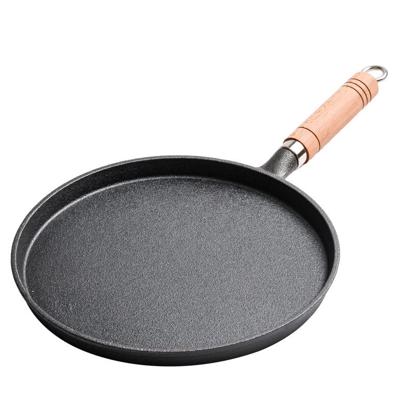 Zhishi 26cm Imported Cast Iron Griddle Pan with Wooden Handle and Lid