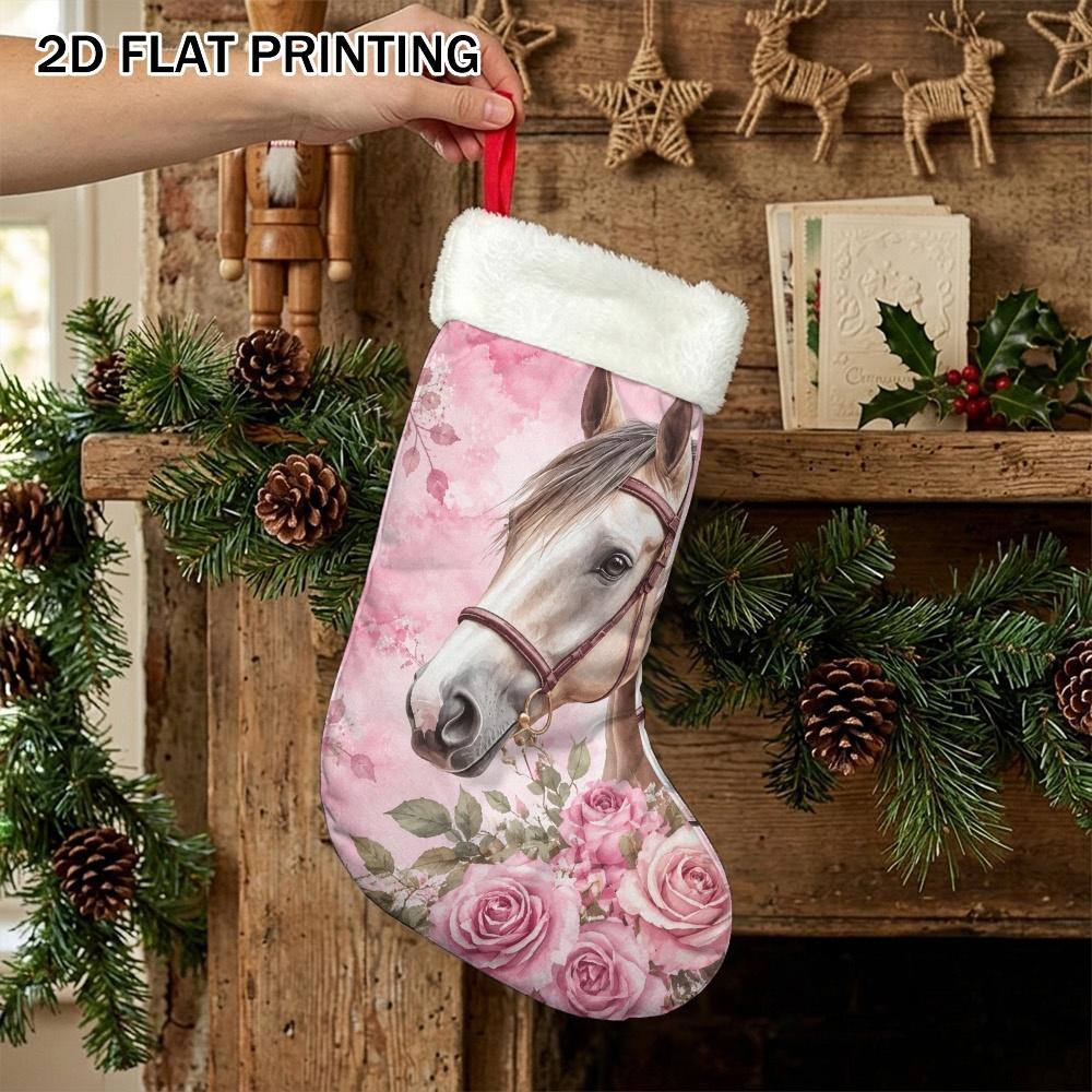 Christmas decoration fireplace hanging stocking2D Flat Printing 1pc Elegant Horse with Roses Design Christmas