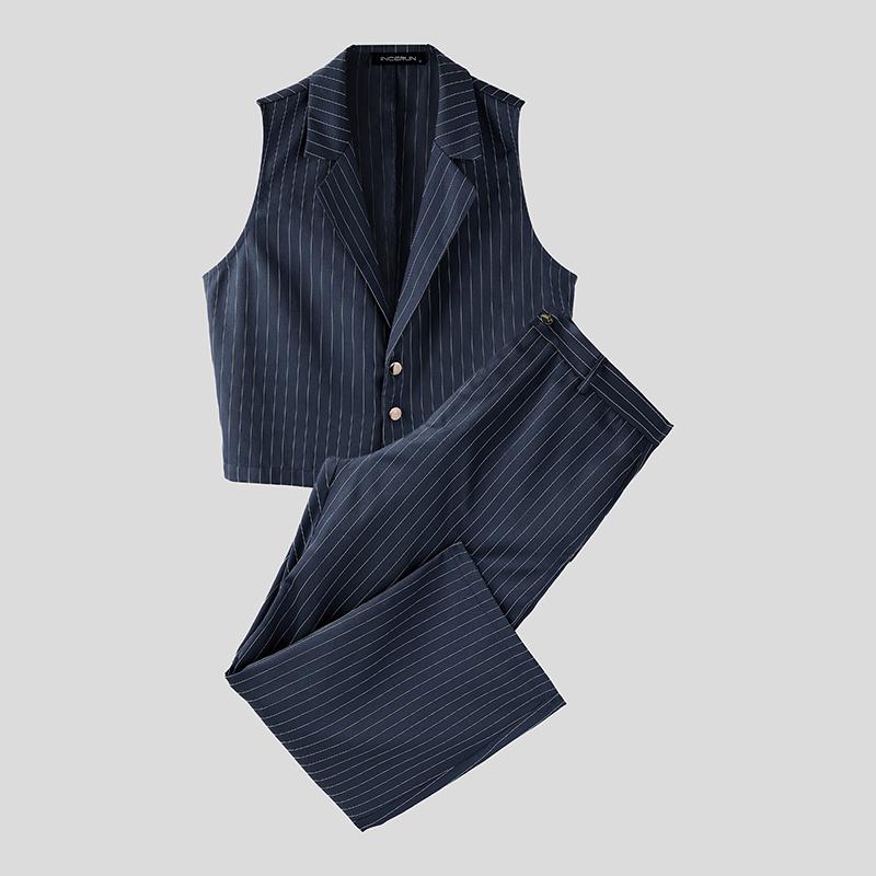 

INCERUN Two Pieces Men Sleeveless Striped Cropped Waistcoat and Long Straight Pants Sets